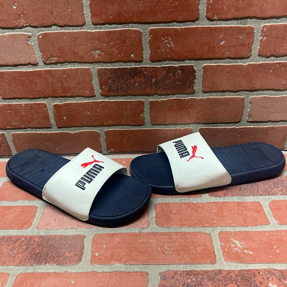 PUMA ‘Cool Cat 2.0’ Navy/White/Red Logo Slide Sandals Men’s Size 13